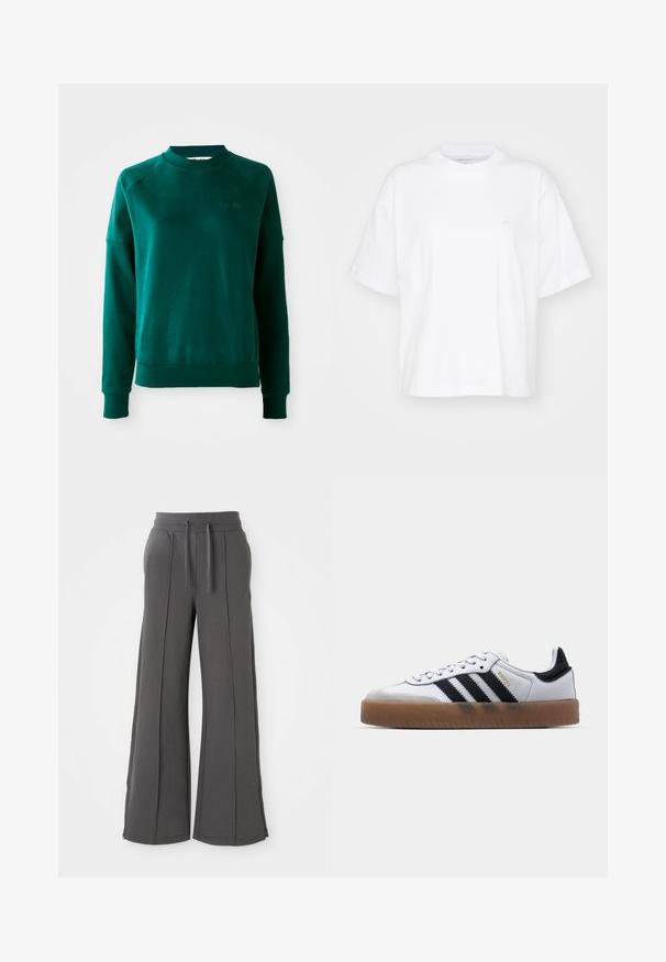 Grøn crewneck sweatshirt med raglanærmer, lavet af blødt stof. Har en ribbet krave og manchetter samt diskret branding på brystet.; Hvid bomulds t-shirt med rund hals, korte ærmer og en afslappet pasform. Har et diskret logo på venstre brystområde. Glat tekstur.; Mørkegrå brede sweatpants med front sømme, elastisk liv, snore, sidelommer og lynlåse ved sømmene på en hvid baggrund.; Hvide lædersneakers med sorte striber, gummirubber sål, rund tå, snørelukning og blød grå ruskinds tåhætte.