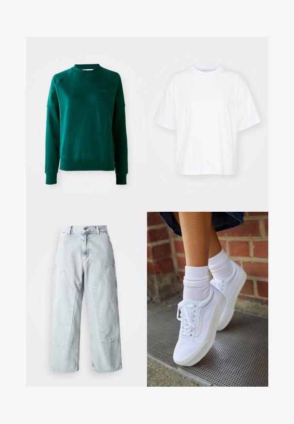 Grüner Crewneck-Sweatshirt mit Raglanärmeln, aus weichem Stoff gefertigt. Verfügt über einen gerippten Kragen und Bündchen sowie dezente Markenkennzeichnung auf der Brust.; Weißes Baumwoll-T-Shirt mit Rundhalsausschnitt, kurzen Ärmeln und lockerer Passform. Verfügt über ein dezentes Logo auf der linken Brustseite. Glatte Textur.; Helle blaue Denim-Hosen mit weitem Bein, großen Seitentaschen, hohem Bund und lockerer Passform. Abgenutzte Textur mit verwaschenem Finish.; Weiße Leinensneaker mit Gummisohlen, ausgestattet mit sechs Ösen, runder Zehenpartie und dezenten Nähten, kombiniert mit weißen Knöchelsocken.