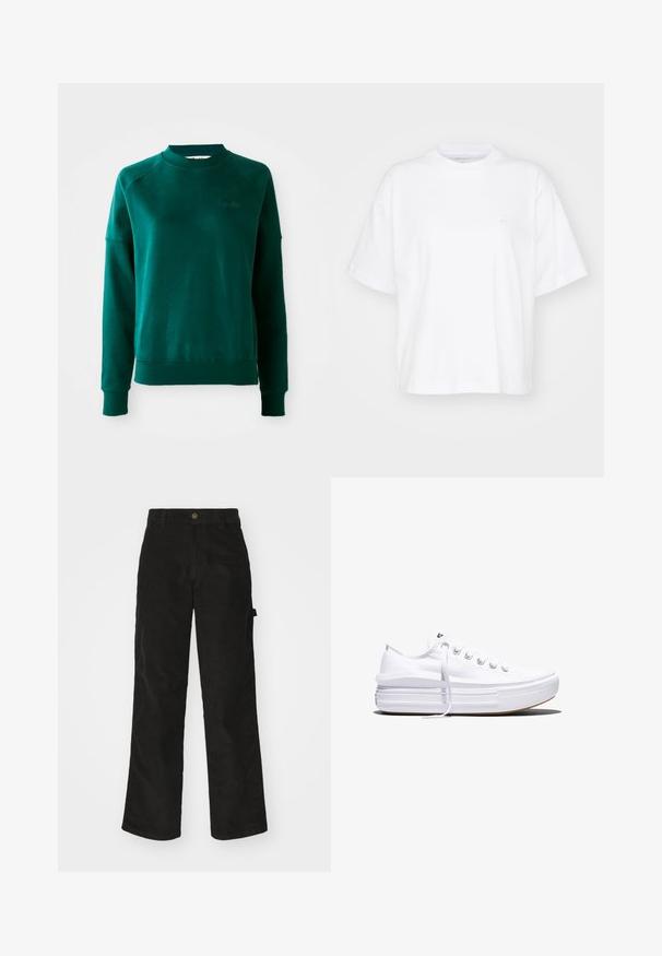 Zelená mikina s crewneck výstrihom a raglánovými rukávmi, vyrobená z mäkkej látky. Obsahuje rebrovaný golier a manžety a nenápadné značenie na hrudi.; Biela bavlnená tričko s okrúhlym výstrihom, krátkymi rukávmi a voľným strihom. Obsahuje jemné logo na ľavej strane hrude. Hladká textúra.; Čierne kordurové nohavice s rovným strihom, ktoré majú zapínanie na gombík a bočné vrecko. Hladká textura s jemnými vertikálnymi pruhmi.; Biela nízka plátenná teniska s hrubou platformovou podrážkou, šnurovaním vpredu a gumovou špičkou s textúrou, zobrazená z bočnej strany.
