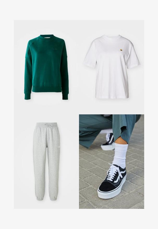 Zelená mikina s crewneck výstrihom a raglánovými rukávmi, vyrobená z mäkkej látky. Obsahuje rebrovaný golier a manžety a nenápadné značenie na hrudi.; Biely bavlnený tričko s voľným strihom, krátkymi rukávmi a malým vyšitým logom na ľavej strane hrude.; Sivé tepláky s elastickým pásom a šnúrkou. Materiál je mäkký, s elastickými manžetami na členkoch a s logom ako akcentom.; Čierne semišové tenisky s bielymi akcentmi a šnúrkami, s hrubou bielou podrážkou a kontrastným prešívaním, doplnené o bielu ponožku.