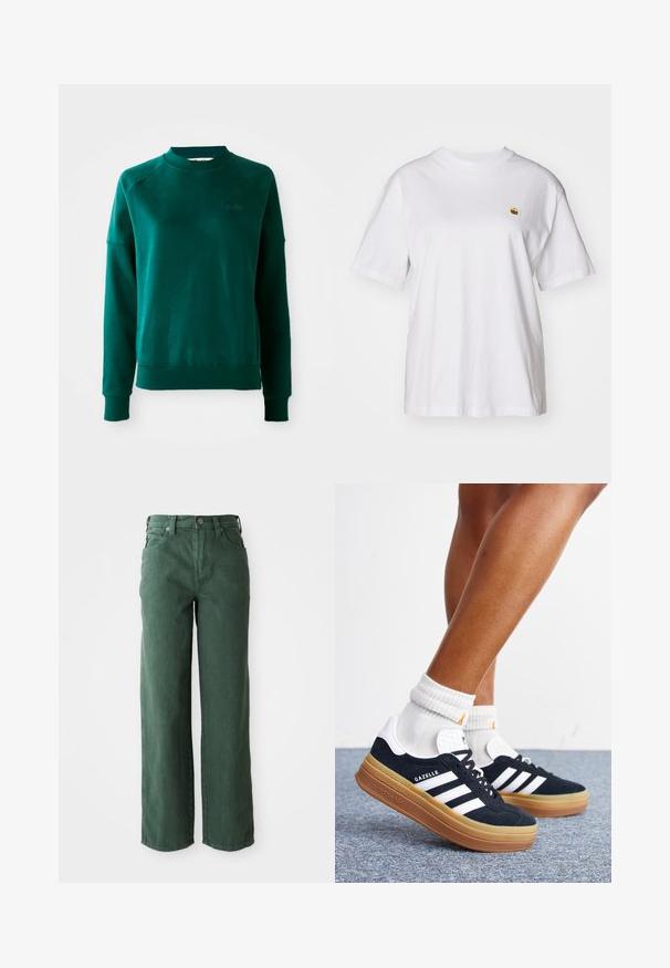 Grøn crewneck sweatshirt med raglanærmer, lavet af blødt stof. Har en ribbet krave og manchetter samt diskret branding på brystet.; Hvid bomulds-t-shirt med en afslappet pasform, korte ærmer og et lille broderet logo på venstre brystområde.; Grønne vide jeans lavet af denim. Har høj talje, lige ben, forlommer og metalknaplukning.; Ben iført hvide sokker og sorte Adidas Gazelle sneakers med hvide striber og tykke brune såler på et gråt tæppe.