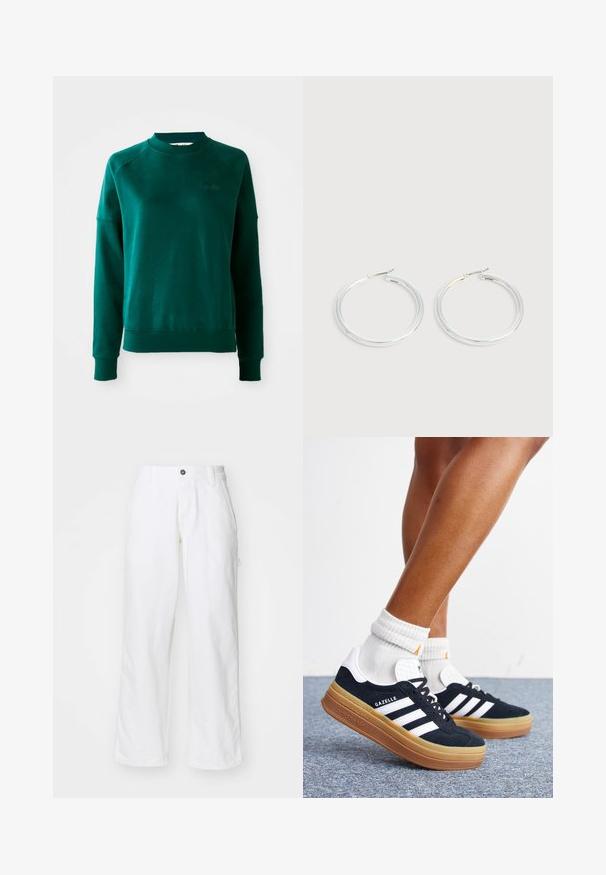 Groene crewneck sweatshirt met raglanmouwen, gemaakt van zachte stof. Beschikt over een geribde kraag en manchetten, en subtiele branding op de borst.; Witte katoenen broek met een recht model, voorzien van een knoopsluiting, zijzakken en een ontspannen fit. Gladde textuur.; Ben met witte sokken en zwarte Adidas Gazelle sneakers met witte strepen en dikke bruine zolen op een grijs tapijt.; Een paar glanzende zilveren oorringen met dunne draadafsluitingen, getoond op een lichtgrijze achtergrond.