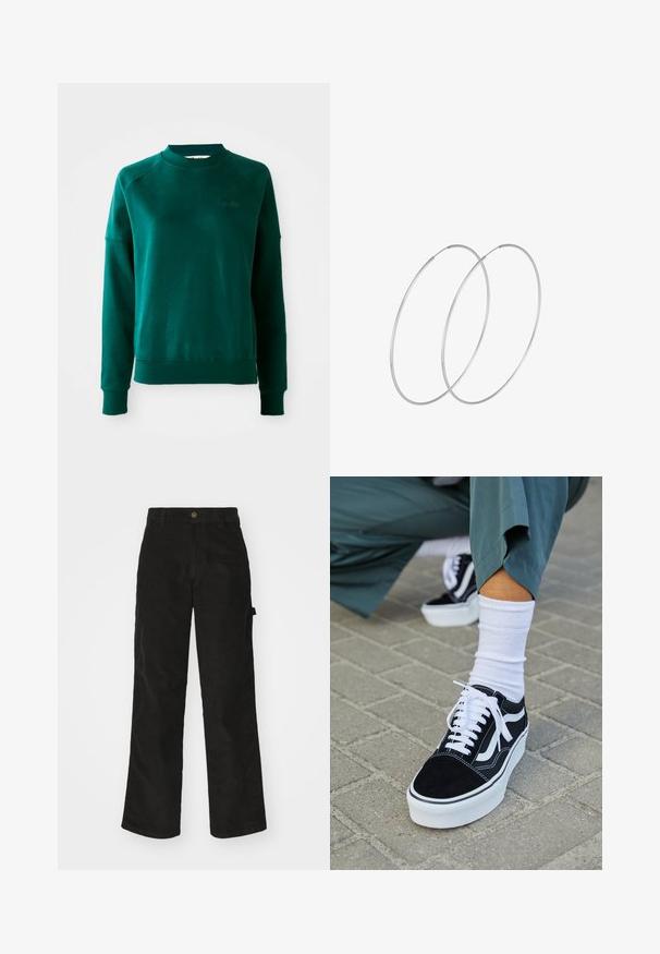 Grüner Crewneck-Sweatshirt mit Raglanärmeln, aus weichem Stoff gefertigt. Verfügt über einen gerippten Kragen und Bündchen sowie dezente Markenkennzeichnung auf der Brust.; Schwarze Cordhosen mit geradem Schnitt, ausgestattet mit einem Knopfverschluss und einer Seitenlasche. Glatte Textur mit feinen verticalen Streifen.; Schwarze Wildledersneaker mit weißen Akzenten und Schnürsenkeln, ausgestattet mit einer dicken weißen Sohle und kontrastierenden Nähten, kombiniert mit einer weißen Socke.; Silberne Creolen mit minimalistischem Design. Rundform, glatte Oberfläche und dünnes Profil. Leichtgewichtig mit hochglänzender Oberfläche.