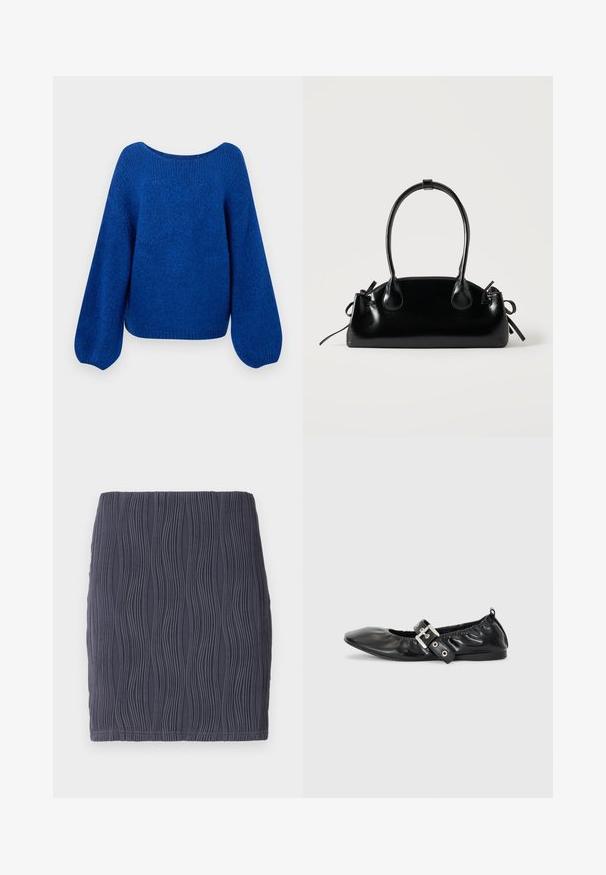 Pull en tricot bleu avec un large col bateau, des manches ballons amples et une finition texturée. L'ourlet court accentue la coupe décontractée.; Mini jupe moulante gris foncé avec un motif texturé en vagues et une finition lisse. Conçue avec un ourlet simple et droit.; Chaussure plate en cuir noir avec un nez pointu, des détails froncés autour de l'ouverture et un accent en boucle argentée sur la bride ajustable.; Petit sac à main noir brillant avec deux longues anses et des détails à cordon sur les côtés sur un fond clair uni.
