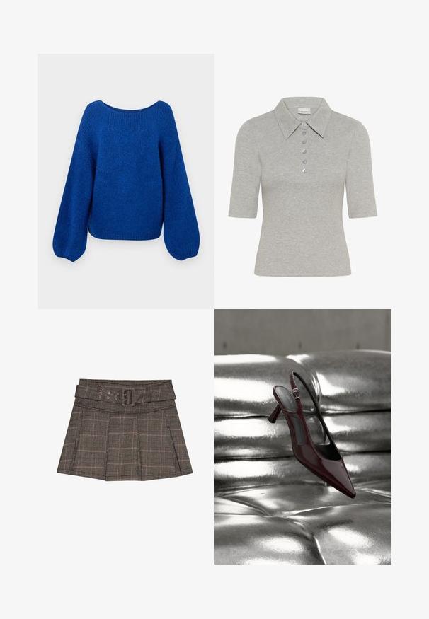 Pull en tricot bleu avec un large col bateau, des manches ballons amples et une finition texturée. L'ourlet court accentue la coupe décontractée.; Polo gris côtelé à manches courtes, col pointu et six boutons violet clair. Présente un logo brodé discret sur la poitrine.; Jupe mini à carreaux en noir, brun et beige. Comprend une taille ceinturée, des plis et un tissu texturé avec un motif géométrique.; Escarpin slingback à talon haut, rouge foncé brillant avec bout pointu, présenté sur une surface en cuir argenté capitonné et brillant.