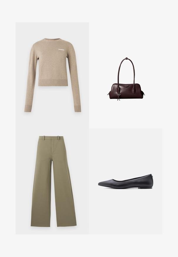 Pull tricoté beige à manches longues, col rond, poignets et ourlet côtelés, avec un petit logo texte blanc sur le devant.; Pantalons larges en vert olive clair avec une texture lisse, dotés d'une fermeture éclair sur le devant, de passants de ceinture et de deux poches latérales.; Chaussure plate en cuir noire à bout pointu avec petit talon, vue de profil sur fond blanc.; Sac à main en cuir brun foncé Calvin Klein avec de longues poignées doubles et un petit porte-clé logo suspendu à une poignée.