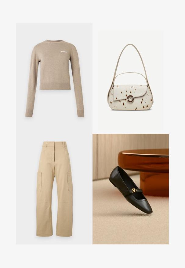 Beige strikket sweater med lange ærmer, rund halsudskæring, ribbede manchetter og kant, med lille hvid tekstlogo på forsiden.; Beige cargo bukser lavet af bomuld, med høj talje, vide ben, to sidelommer og to store cargolommer på lårene.; Sort læder flad sko med spids tå og gyldent CK-logo på rem, placeret på beige tæppe nær et rundt ravbrunt bord.; Kremfarvet håndtaske med brune prikker, buet klap med rund metalspænde, med to tynde stropper, hvoraf den ene er længere til skulderbrug.