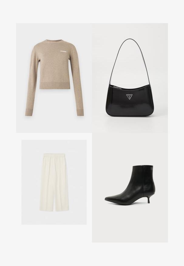 Beige strikket sweater med lange ærmer, rund halsudskæring, ribbede manchetter og kant, med lille hvid tekstlogo på forsiden.; Løse, højtaljede, cremefarvede bukser med brede ben og elastisk talje, vist fladt mod en lys baggrund.; Sort læder ankelstøvle med spids tå og lav kitten hæl på lys baggrund, der viser yderside.; Sort patenteret læder skuldertaske med en buet form, prydet med et sølvfarvet trekantet logo og en lynlås-lukning. Glat tekstur og slank rem.