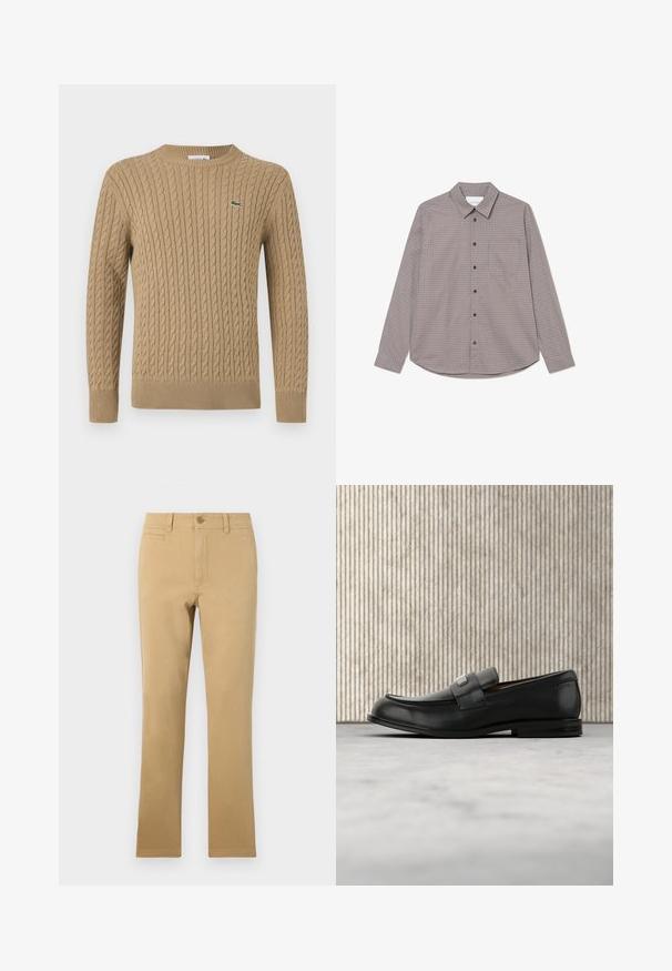 Suéter de punto beige con cuello redondo, puños y dobladillo acanalados, que presenta un pequeño logo verde en el lado izquierdo del pecho. Textura suave.; Camisa de manga larga de botones en un patrón de cuadros marrón y beige. Presenta un cuello, un bolsillo en el pecho y botones negros en la parte delantera.; Pantalones de pierna recta de color caqui, hechos de algodón, con cierre de botón, bolsillos frontales y una textura suave.; Mocasín de cuero negro con una placa metálica de marca apoyado cerca de una mesa redonda marrón sobre un suelo alfombrado beige.