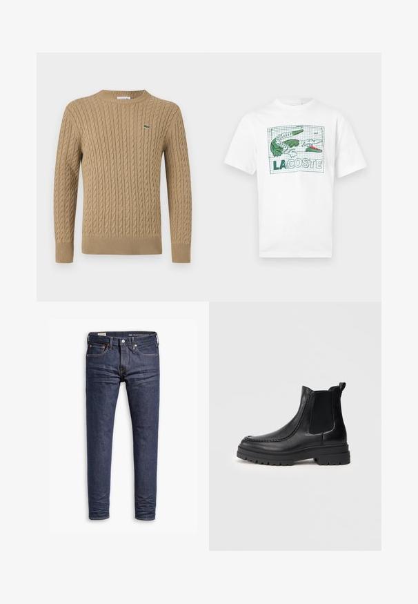 Suéter de punto beige con cuello redondo, puños y dobladillo acanalados, que presenta un pequeño logo verde en el lado izquierdo del pecho. Textura suave.; Camiseta blanca de manga corta con diseño bordado de cocodrilo en verde y rosa y texto "LACOSTE" sobre un fondo de rejilla en la parte delantera.; Jeans oscuros de corte slim de Levi's Performance con cinco bolsillos y costuras visibles sobre un fondo blanco.; Botas de tobillo de cuero negro con paneles laterales elásticos, puntera redondeada y una suela de goma robusta con un patrón de relieve.