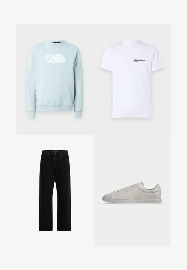 Sweat-shirt bleu clair à col rond en tissu doux, avec un logo blanc audacieux "KARL LAGERFELD" sur le devant. Design simple, manches longues.; T-shirt en coton blanc à manches courtes, avec un col rond et un logo noir "KARL LAGERFELD JEANS" sur le côté gauche de la poitrine.; Pantalon en denim noir à coupe ample, avec un design classique à cinq poches, une fermeture à bouton et un subtil logo brodé.; Baskets basses en cuir blanc avec fermeture à lacets à l’avant, coutures discrètes et logo embossé sur le côté près des lacets.
