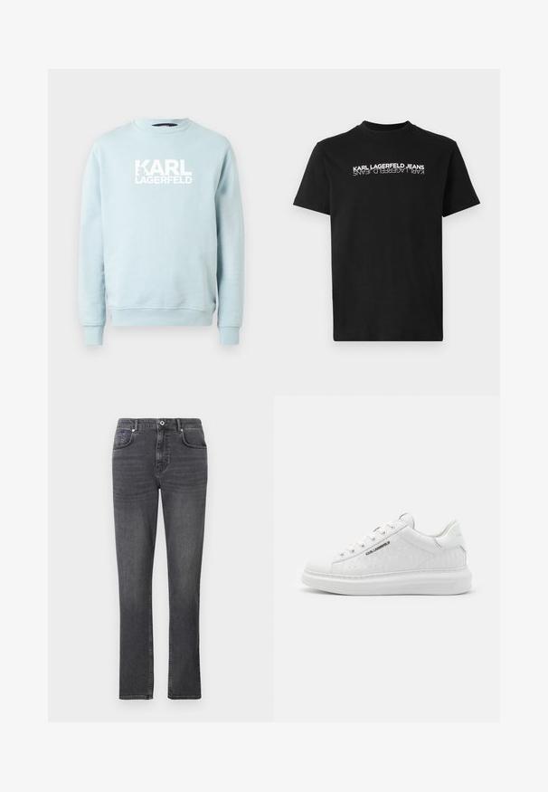 Sweat-shirt bleu clair à col rond en tissu doux, avec un logo blanc audacieux "KARL LAGERFELD" sur le devant. Design simple, manches longues.; T-shirt en coton noir avec un col rond et des manches courtes. L'avant affiche un texte blanc à l'envers : "KARL LAGERFELD JEANS."; Jean en denim gris avec une coupe droite, style cinq poches et des détails de surpiqûre subtils. Le tissu a une texture lisse.; Baskets blanches en cuir lisse avec motif gaufré. Présentent un bout rond, un laçage à l'avant et une semelle texturée. Détail du logo argenté sur le côté.
