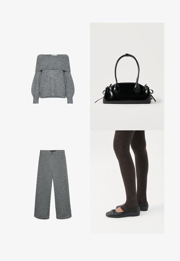 Suéter gris sin hombros, con textura acanalada, mangas globosas y un cuello doblado. Material de punto suave con un diseño casual.; Pantalones de pierna ancha en un tejido gris texturizado de punto. Presentan una cintura alta y piernas rectas, ofreciendo un ajuste relajado en toda la prenda.; Piernas con leggings oscuros acanalados combinados con bailarinas negras que presentan pequeños detalles de lazo sobre un fondo blanco.; Pequeño bolso negro brillante con dos asas largas y detalles de cordón lateral sobre un fondo claro liso.