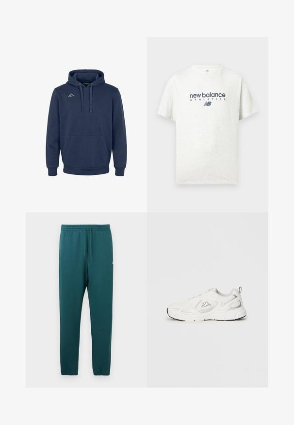 Hoodie bleu marine en tissu doux, avec une poche avant, une capuche à cordon et un logo blanc sur la poitrine. Design à coupe standard.; T-shirt blanc à manches courtes avec col rond, imprimé au centre devant du texte "new balance ATHLETICS" et du logo "NB" en bleu foncé.; Pantalon de survêtement couleur sarcelle en tissu doux, avec une ceinture élastique munie d'un cordon de serrage, et des jambes fuselées avec des poignets élastiques.; Baskets blanches de sport avec panneaux en mesh, fermeture à lacets, logo noir sur le côté, semelle rembourrée et tirette à l'arrière.