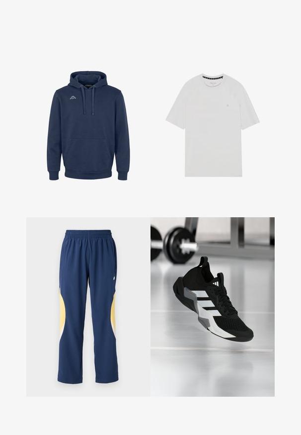 Hoodie bleu marine en tissu doux, avec une poche avant, une capuche à cordon et un logo blanc sur la poitrine. Design à coupe standard.; T-shirt blanc à manches courtes avec col rond, présentant des manches raglan, un logo subtil sur la poitrine et des finitions contrastées au niveau du col.; Pantalons de sport bleu marine avec une taille élastique. Présente des accents courbés jaunes et blancs sur les côtés. Tissu doux et lisse.; Chaussure de sport noire avec une tige en mesh, des rayures blanches et des accents gris. Dotée d'un col rembourré et d'une semelle en caoutchouc. Adaptée pour une utilisation en salle de sport.