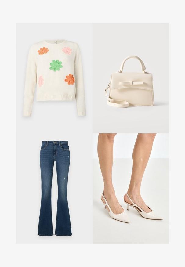 Pull crème avec cinq fleurs brodées en rose, orange et vert. Poignets et ourlet côtelés. Texture douce avec une coupe décontractée.; Jean en denim évasé bleu foncé avec des patches usés. Comprend cinq poches et une fermeture éclair. Tissu de poids moyen avec une texture lisse.; Escarpins à talon slingback en cuir verni beige avec un bout pointu et un talon de 5 cm, présentant des côtés découpés et une fine bride à la cheville.; Petit sac à main beige avec poignée supérieure, bandoulière amovible, rabat avant et nœud horizontal décoratif sur un fond uni.