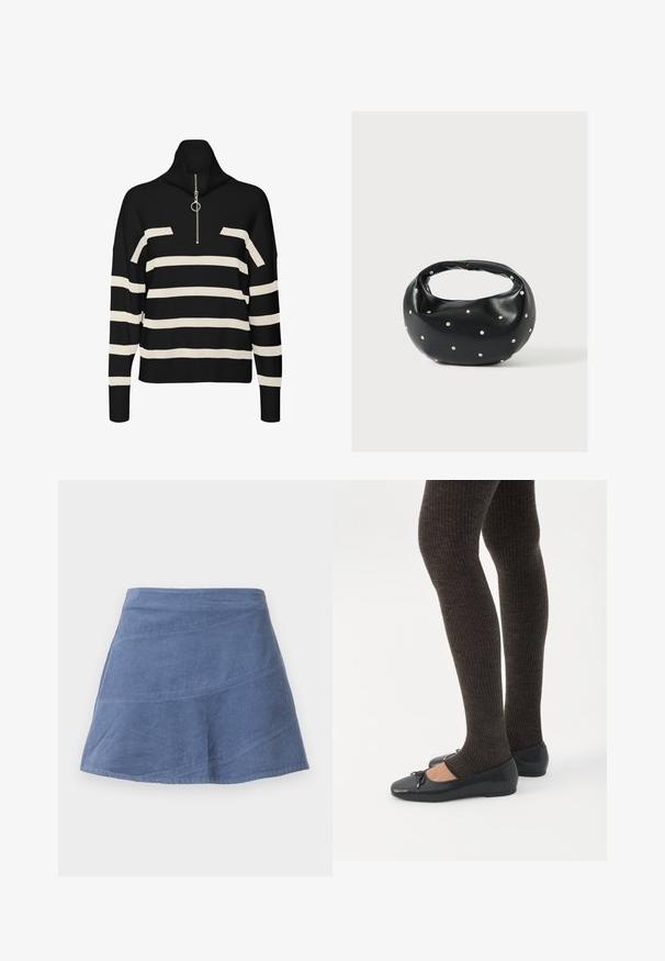 Čierny a krémový pruhovaný rolák so zipsom na krku, s voľným strihom a pletenou textúrou. Ozdobený detailom zo strieborného kovu.; Modrá koženková sukňa strihu A s diagonálnymi švami, po kolená, s hladkým predným dielom a jemnou textúrou.; Nohy v tmavých pásikavých legínach v kombinácii s čiernymi balerínkami s malými mašličkami na bielom pozadí.; Čierna kožená kabelka s zaobleným tvarom, zdobená striebornými cvočkami a krátkym rúčkou. Hladká textúra a zapínanie na zips.