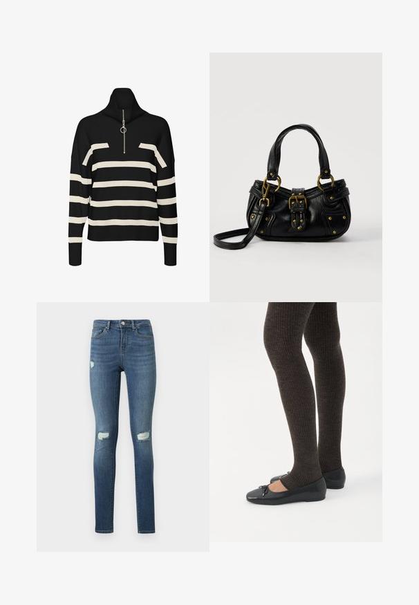 Zwart en crèmekleurig gestreepte coltrui met een ritssluiting bij de hals, met een losse pasvorm en gebreide textuur. Verfraaid met een zilveren hardware detail.; Blauwe skinny jeans met vervaagde details en versleten scheuren op de dijen en knieën, voorzien van voorzakken en een knoopsluiting.; Benen met donkere geribbelde leggings gecombineerd met zwarte ballerina's met kleine strikdetails op een witte achtergrond.; Zwarte leren handtas met gouden gesp en klinknagel details, korte handvatten en een verstelbare schouderriem op een effen witte achtergrond.