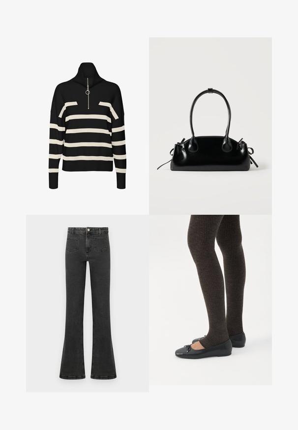 Sort og creme stribet turtleneck trøje med lynlås i nakken, der har en løs pasform og strikket tekstur. Pyntet med en sølvfarvet hardware detalje.; Sort højtaljede denimjeans med let udvidelse, frontknap og lynlås samt forlommer med lapper.; Ben iført mørke ribbede leggings kombineret med sorte balletsko med små sløjfedetaljer på hvid baggrund.; Lille sort blank håndtaske med to lange håndtag og snøre-detaljer i siden på en ensfarvet lys baggrund.