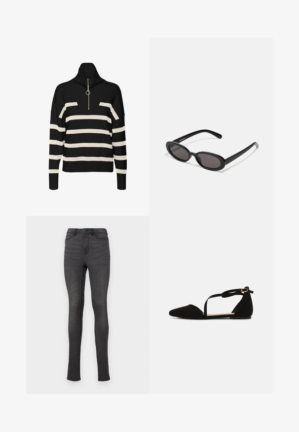 Sort og creme stribet turtleneck trøje med lynlås i nakken, der har en løs pasform og strikket tekstur. Pyntet med en sølvfarvet hardware detalje.; Slim fit jeans lavet af mørkegrå denim, med høj talje, bælteløkker og en enkelt knaplukning. Ingen synlige slid eller mønstre.; Sorte ruskinds balletflade med spids tå, åbne sider og en rem omkring anklen, prydet med en detalje i guldmetal.; Even&Odd Solbriller - black