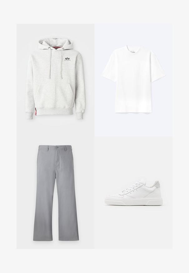Sudadera gris clara hecha de un tejido suave. Cuenta con un bolsillo tipo canguro, cordones y un pequeño logo negro en el pecho. Puños acanalados.; Camiseta lisa blanca de manga corta y cuello redondo con un corte relajado, mostrada sobre un fondo claro.; Pantalones de pierna ancha grises, hechos de una tela suave, con cierre frontal de botón, trabillas para cinturón y un diseño limpio sin patrones ni acentos visibles.; Zapatillas de cuero blanca con un acabado suave, punta redondeada, cordones planos y una suela texturada. Acento de ante gris en el talón.