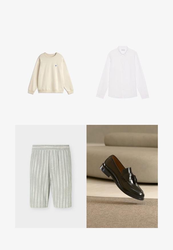Sweat-shirt beige à manches longues et col rond avec poignets et ourlet côtelés, présentant un petit logo circulaire bleu sur la poitrine gauche.; Chemise blanche à manches longues, en coton. Présente un col classique, des boutons sur le devant et une texture lisse sans motifs visibles.; Short gris clair avec des rayures verticales blanches et beiges, taille élastique et coupe aux genoux.; Mocassin en cuir noir avec pompons flottant au-dessus d'un tapis beige avec un canapé beige en arrière-plan.
