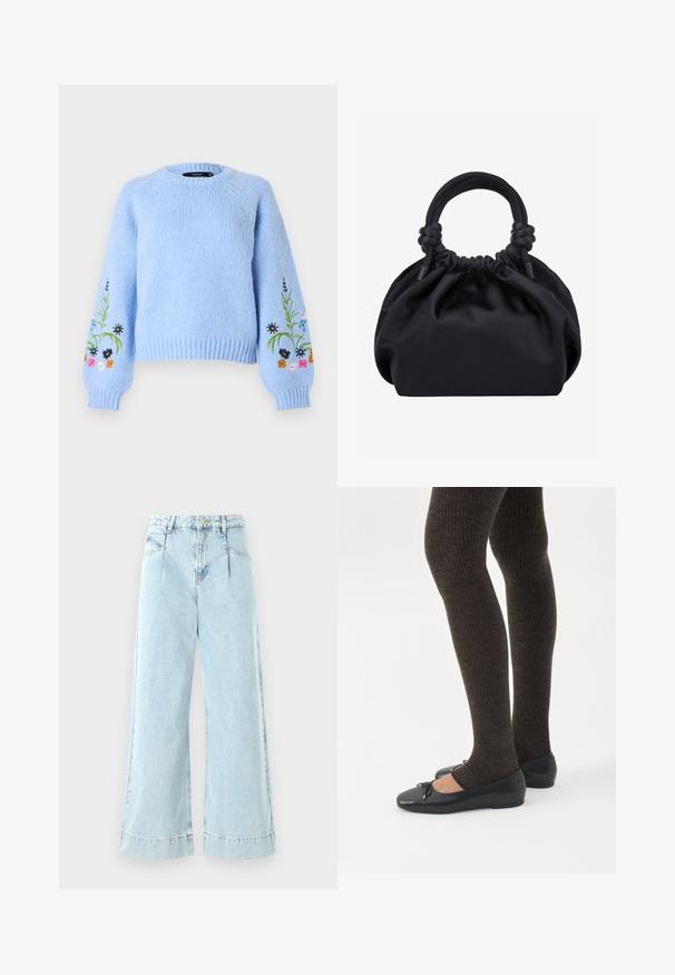 Pull tricoté bleu clair avec encolure ronde, poignets côtelés et broderie florale multicolore sur les manches. Texture douce.; Jeans larges en denim bleu clair, avec une taille haute, des poches avant et des accents cousus à l'ourlet.; Jambes portant des leggings côtelés foncés associés à des ballerines noires avec de petits détails en nœud sur fond blanc.; Sac à main en tissu noir doux avec haut froncé et poignées circulaires rembourrées nouées de chaque côté.