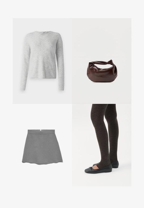 Grijze gebreide trui met een geribbelde textuur, lange mouwen en een V-hals ontwerp. Eenvoudig en minimalistisch uiterlijk.; Grijze rok van zachte stof, met een hoge taille, uitlopende vorm en een verborgen rits aan de achterkant.; Benen met donkere geribbelde leggings gecombineerd met zwarte ballerina's met kleine strikdetails op een witte achtergrond.; Donkerbruine leren schoudertas met een zachte, slungelige vorm en een gedraaide knoopvormige handgreep op een effen witte achtergrond.