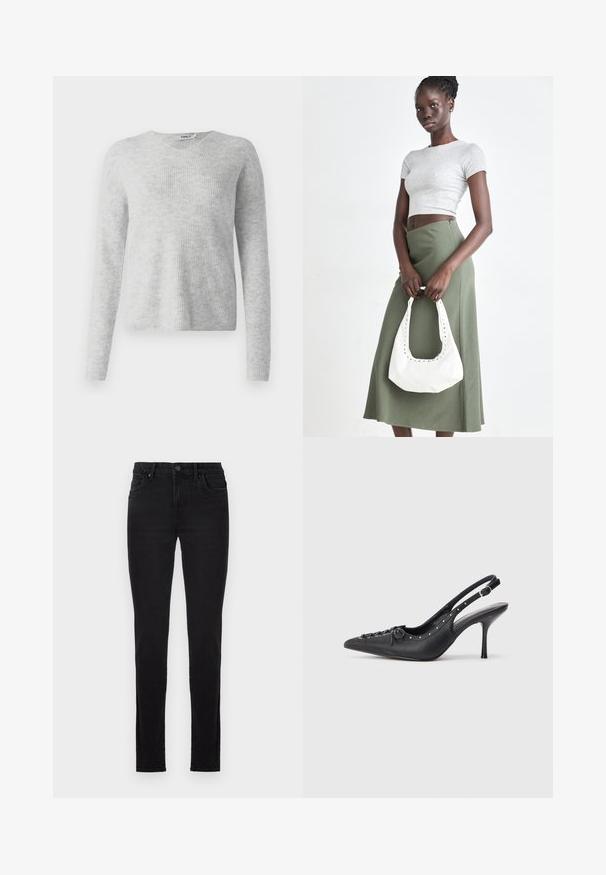 Šedý pletený sveter s rebrovanou textúrou, dlhými rukávmi a výstrihom do V. Jednoduchý a minimalistický vzhľad.; Čierne džínsy z denimu so slim fit strihom, päť vreckovým dizajnom a tónovým prešívaním. Obsahujú uzáver na gombík a pútka na opasok. Hladká textúra.; Čierne kožené slingback lodičky na ihličkovom podpätku s špicatou špičkou, bočným zipsom, cvokmi pozdĺž okraja a dekoračným šnurovaním na prednej strane.; Sivý pruhovaný crop top a olivovo zelená sukňa s vysokým pásom. Model drží bielu ramennú tašku s vyrezávanými detailmi. Jednoduchý dizajn, priliehavý strih.