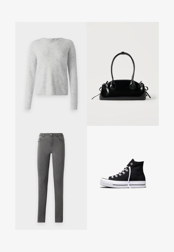 Grijze gebreide trui met een geribbelde textuur, lange mouwen en een V-hals ontwerp. Eenvoudig en minimalistisch uiterlijk.; Grijze denim skinny jeans met een nauwsluitend ontwerp, vijf zakken en een enkele metalen knoopsluiting bij de taille.; Zwarte hooggesloten canvas sneaker met witte rubberen zool en witte veters, zijwaarts weergegeven op een witte achtergrond.; Kleine zwarte glanzende handtas met twee lange hengsels en zijkant trekkoord details op een effen lichte achtergrond.