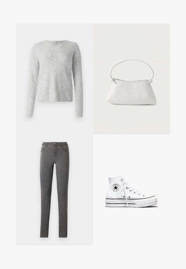 Pull en maille gris avec une texture côtelée, des manches longues et un décolleté en V. Apparence simple et minimaliste.; Jean skinny en denim gris avec une coupe ajustée, style cinq poches et une fermeture à bouton métallique unique au niveau de la taille.; Baskets montantes blanches Converse Chuck Taylor All Star avec patch logo noir et lacets blancs, présentées sur fond blanc.; Sac à main en cuir tressé blanc avec poignée arrondie et extrémités de lanière nouées, présenté sur un fond uni.