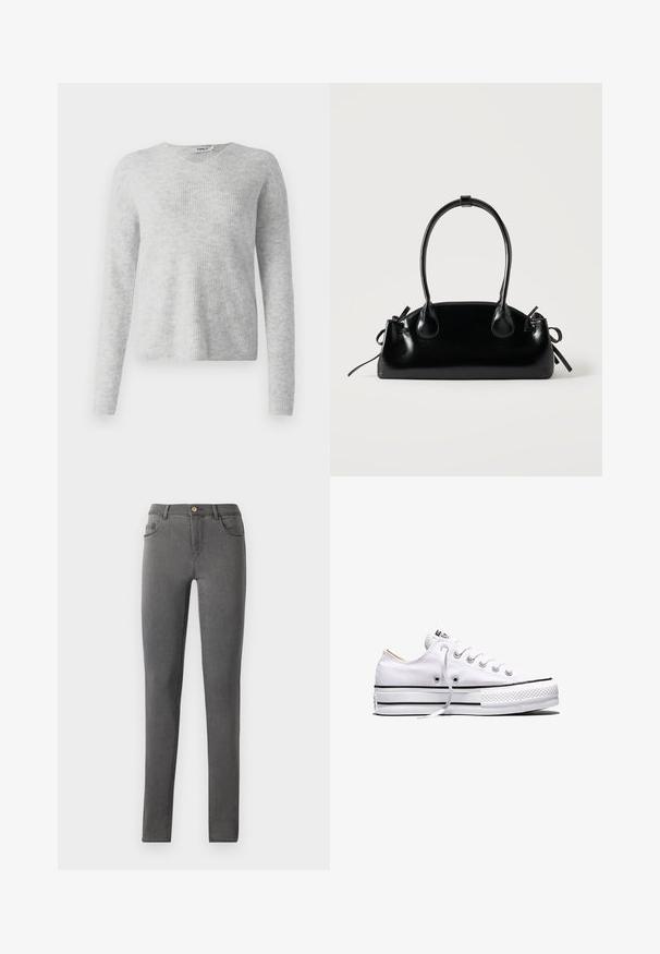 Grå strikket sweater med ribbet tekstur, lange ærmer og V-halsdesign. Enkel og minimalistisk fremtoning.; Grå denim skinny jeans med en tætsiddende pasform, fem lomme stil og en enkelt metalknaplukning i taljen.; Hvid lavtop lærredssneakers med hvide snørebånd, sorte striber på sålen og gummieret tekstureret tåhætte, sidevendt på hvid baggrund.; Lille sort blank håndtaske med to lange håndtag og snøre-detaljer i siden på en ensfarvet lys baggrund.