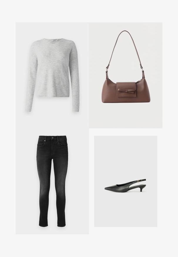 Pull en maille gris avec une texture côtelée, des manches longues et un décolleté en V. Apparence simple et minimaliste.; Jean skinny noir en denim. Caractéristiques : fermeture à bouton, passants de ceinture et poches avant. Texture lisse avec un léger délavage.; Chaussure slingback noire à bout pointu en cuir lisse. Présente un talon fin et un détail de boucle sur la sangle réglable.; Sac à bandoulière en cuir marron avec une poche à rabat avant ornée d'un détail en forme de nœud cousu et une sangle réglable.