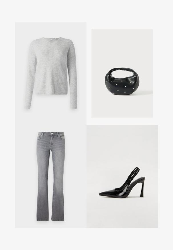 Pull en maille gris avec une texture côtelée, des manches longues et un décolleté en V. Apparence simple et minimaliste.; Jeans gris évasés en denim avec une texture douce, dotés d'un design à cinq poches et d'une fermeture à bouton métallique au niveau de la taille.; Escarpin en cuir verni noir à talon aiguille, à bout pointu, avec une sangle élastique double pour un maintien sécurisé. Surface lisse et brillante.; Sac à main en cuir noir de forme arrondie, décoré de clous argentés et équipé d'une poignée courte. Texture lisse et fermeture éclair.