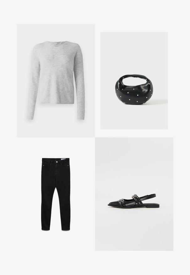 Pull en maille gris avec une texture côtelée, des manches longues et un décolleté en V. Apparence simple et minimaliste.; Jeans skinny noirs taille haute avec bouton et fermeture éclair à l’avant, deux poches avant et deux poches arrière, présentés à plat sur fond blanc.; Even&Odd Ballerines à brides arrière - black; Sac à main en cuir noir de forme arrondie, décoré de clous argentés et équipé d'une poignée courte. Texture lisse et fermeture éclair.