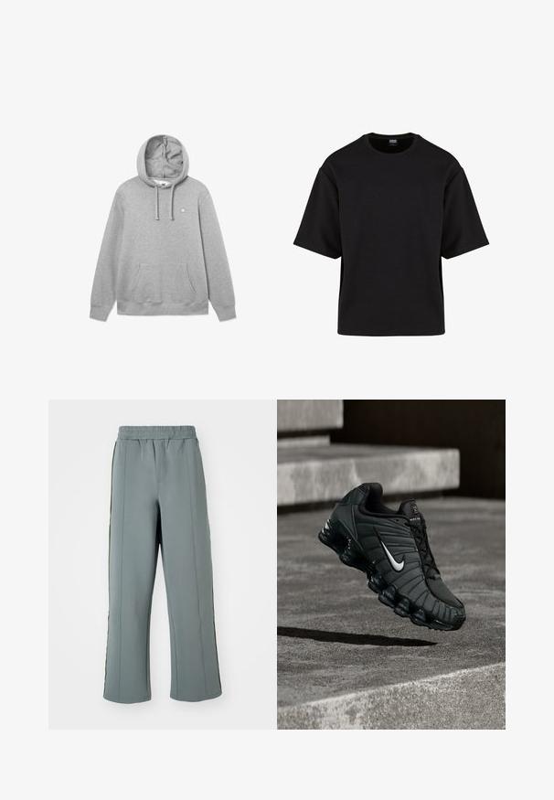Harmaa puuvillapaita, jossa on etutasku, narukuva ja pieni logo rinnassa. Pehmeä kangas ja rento malli.; Urban Classics SCUBA TEE - T-paita - black; Harmaat collegehousut sileästä kankaasta, joissa on joustava vyötärö ja kontrastiväriset pystysuorat raidat sivuilla. Rento malli.; Nike urheilukengät tummanvihreänä, joissa on sileä synteettinen päällinen, verkkomainen rakenne, mustat nauhat ja kiiltävä pohja, jossa on ilmanvaimennus.