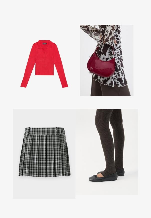 Haut long à manches rouges côtelé avec un col et une patte de boutonnage, présentant une coupe ajustée et une texture lisse. Étiquette visible à l'intérieur du col.; Jupe plissée à carreaux noir et blanc avec une taille lisse et de multiples plis verticaux. Fabriquée en tissu léger.; Jambes portant des leggings côtelés foncés associés à des ballerines noires avec de petits détails en nœud sur fond blanc.; Femme portant un chemisier à motif noir et blanc tenant un sac à main rouge brillant sur un fond uni.