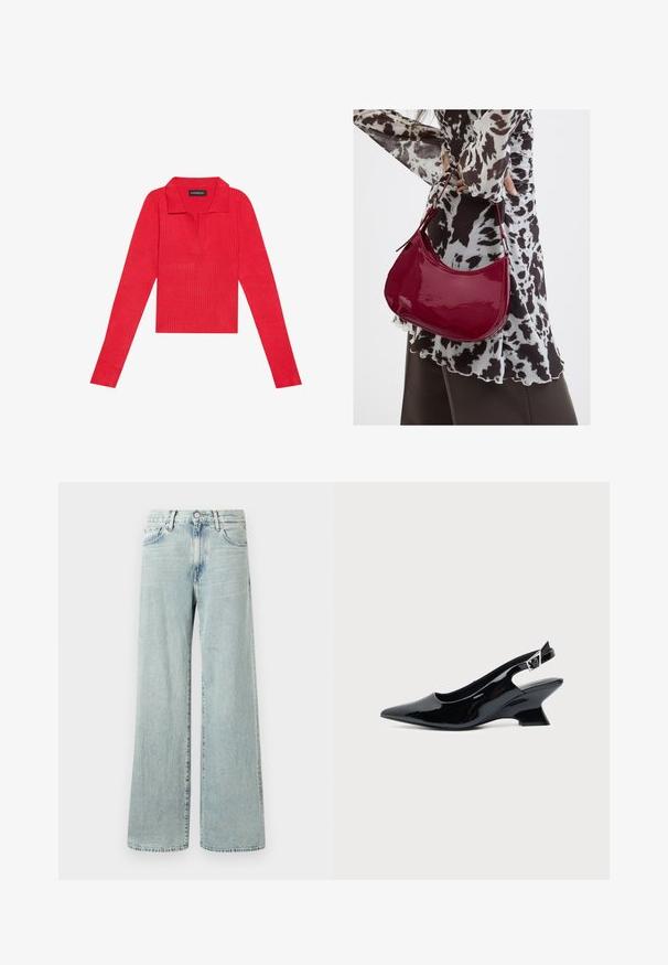 Rød ribbet langærmet top med krave og stolpe, der har en tætsiddende pasform og glat tekstur. Mærket er synligt indeni kraven.; Lysblå vide denim jeans med høj talje, fem lommer og et nederste, der falder til anklerne med frynser.; Sort laklæder slingback sko med spids tå og lav vinklet blokhæl på ensartet lys baggrund.; Kvinde iført en sort- og hvidmønstret bluse, der holder en blank rød skuldertaske mod en ensfarvet baggrund.