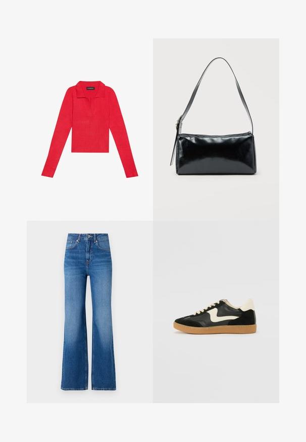 Haut long à manches rouges côtelé avec un col et une patte de boutonnage, présentant une coupe ajustée et une texture lisse. Étiquette visible à l'intérieur du col.; Jean en denim bleu à jambe large avec taille haute, dotés d'une fermeture éclair, d'une fermeture par bouton et d'un léger décoloration le long des jambes.; Baskets en daim et cuir noir avec un swoosh latéral crème et un talon crème clair. Dotées de lacets beige et d'une semelle en caoutchouc gomme.; Sac d'épaule rectangulaire noir avec une sangle réglable unique et une fermeture éclair supérieure sur un fond uni.