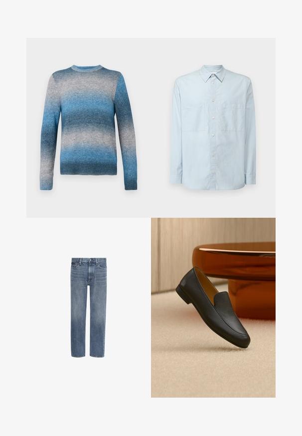 Blå gradient sweater lavet af blødt materiale, med rund hals, lange ærmer og ribbet kant. Farverne spænder fra lys til mørk blå.; Lyseblå button-up skjorte lavet af bomuld, med klassisk krave, lange ærmer, to brystlommer og en let afslappet pasform.; Blå straight-leg denim jeans med forlommer, bæltestropper og knaplukning.; Sort læder loafer sko, der hviler på beige tæppe med et blankt brunt rundt bord i baggrunden.