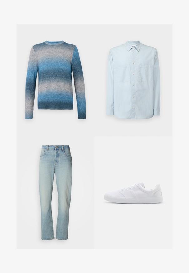 Blå gradient sweater lavet af blødt materiale, med rund hals, lange ærmer og ribbet kant. Farverne spænder fra lys til mørk blå.; Lyseblå button-up skjorte lavet af bomuld, med klassisk krave, lange ærmer, to brystlommer og en let afslappet pasform.; Lysblå denim jeans med lige ben, fem lommer og let falmning. Fremstillet med en klassisk knap- og lynlåslukning.; Hvide lærreds sneakers med gummisål, der har seks snørehuller, en struktureret tåkap og et minimalistisk design.