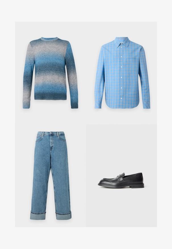 Suéter de gradiente azul hecho de material suave, con cuello redondo, mangas largas y dobladillo acanalado. Los colores varían de azul claro a azul oscuro.; Camisa de cuadros azul claro, de botones y de manga larga, con cuello y un bolsillo en el pecho. Presenta acentos en blanco y negro en forma de cuadrícula.; Jeans de mezclilla azul de tiro alto con piernas anchas y dobladillos enrollados, que cuentan con bolsillos frontales y presillas para cinturón.; Mocasines de cuero negro con acabado texturizado, que cuentan con una correa decorativa en la parte delantera y punta redondeada. Suela de goma para mayor durabilidad.