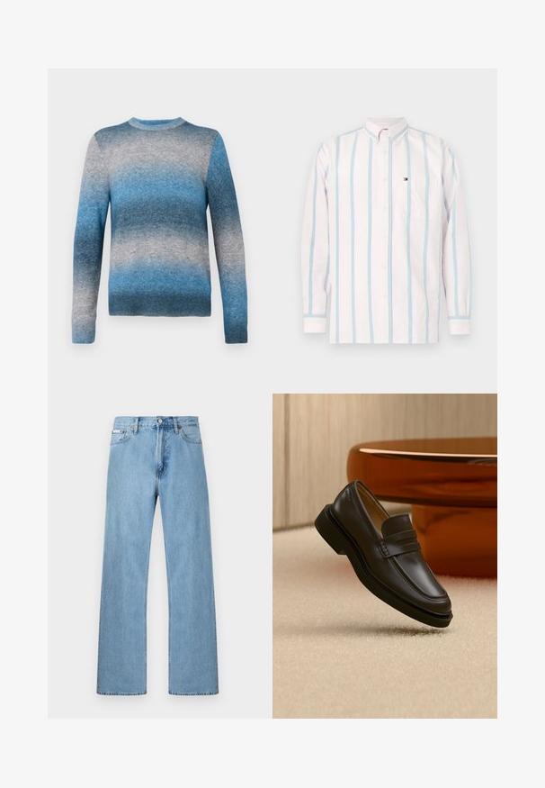 Suéter de gradiente azul hecho de material suave, con cuello redondo, mangas largas y dobladillo acanalado. Los colores varían de azul claro a azul oscuro.; Camisa de manga larga con botones en rosa claro con rayas verticales azules. Presenta un cuello puntiagudo y un bolsillo en el pecho izquierdo con detalle de logo.; Vaqueros de mezclilla azul claro de pierna recta con diseño de cinco bolsillos y cierre de botón en la cintura, exhibidos sobre un fondo simple.; Zapato mocasín de cuero negro flotando sobre una alfombra beige con muebles marrones redondeados al fondo.