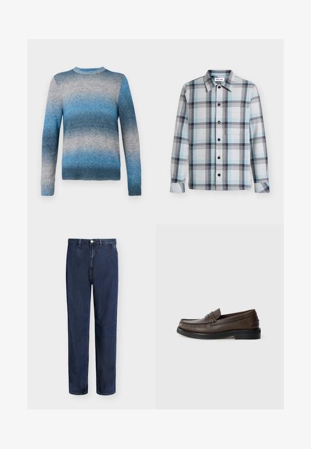 Suéter de gradiente azul hecho de material suave, con cuello redondo, mangas largas y dobladillo acanalado. Los colores varían de azul claro a azul oscuro.; Camisa de manga larga abotonada con patrón de cuadros en azul claro, blanco y negro y cuello puntiagudo.; Vaqueros de mezclilla azul oscuro con pierna recta, trabillas para cinturón, botón delantero y cierre de cremallera, exhibidos sobre un fondo claro liso.; Mocasín de cuero marrón con detalle cosido en la punta, suela plana y tacón bajo apilado. Textura suave con elementos de diseño minimalistas.