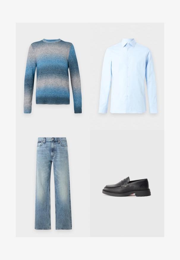 Pull en dégradé bleu en matériau doux, avec un col rond, des manches longues et un ourlet côtelé. Les couleurs varient du bleu clair au bleu foncé.; Chemise de ville pour homme à manches longues bleu clair avec patte de boutonnage à l'avant et col pointu, présentée sur un fond blanc uni.; Jean droit en denim bleu clair avec taille haute, cinq poches, fermeture à boutons et léger délavage sur les cuisses et les genoux.; Mocassins en cuir noir avec un bout arrondi, une couture surélevée et une semelle en caoutchouc épaisse. Design simple avec un branding minimal sur le côté.