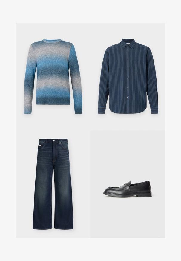 Pull en dégradé bleu en matériau doux, avec un col rond, des manches longues et un ourlet côtelé. Les couleurs varient du bleu clair au bleu foncé.; Chemise à manches longues avec des rayures verticales bleu foncé et clair, un col pointu, une poche poitrine et des poignets à boutons.; Jean en denim bleu foncé à jambes larges avec poches avant, passants de ceinture, fermeture par boutons et légère décoloration sur les cuisses et les genoux.; Mocassins en cuir noir avec une finition texturée, dotés d'une bride décorative à l'avant et d'un bout arrondi. Semelle en caoutchouc pour plus de durabilité.