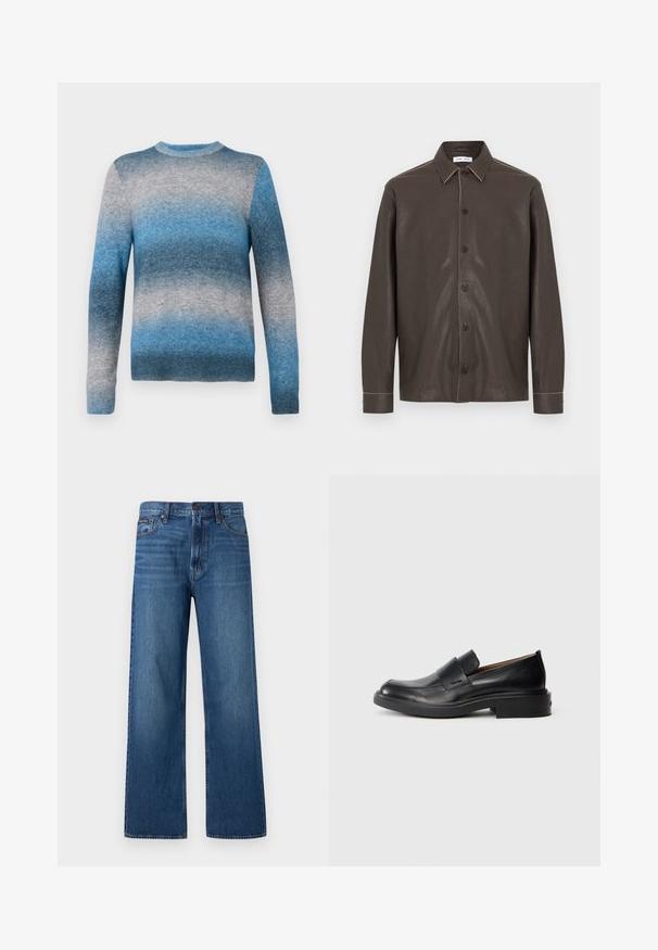Suéter de gradiente azul hecho de material suave, con cuello redondo, mangas largas y dobladillo acanalado. Los colores varían de azul claro a azul oscuro.; Camisa de cuero marrón oscuro de manga larga con cierre de botones, cuello clásico y costuras visibles en contraste en las costuras y los puños.; Vaqueros azules de tiro alto y pierna recta con botón y cremallera delanteros, cinco bolsillos y un pequeño parche de marca en el bolsillo derecho.; Zapato de vestir negro de cuero sin cordones con tacón bajo y un sutil logo de Calvin Klein en el lateral, mostrado en perfil sobre un fondo blanco.