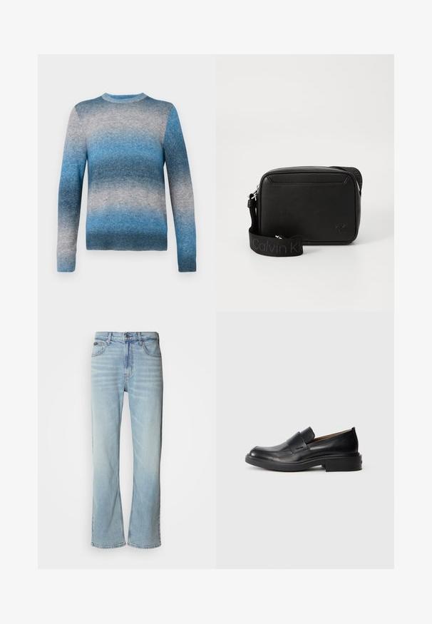 Suéter de gradiente azul hecho de material suave, con cuello redondo, mangas largas y dobladillo acanalado. Los colores varían de azul claro a azul oscuro.; Jeans de mezclilla azul claro con corte recto, que cuentan con cinco bolsillos, un cierre de botón y un ligero desvanecimiento en la tela.; Zapato de vestir negro de cuero sin cordones con tacón bajo y un sutil logo de Calvin Klein en el lateral, mostrado en perfil sobre un fondo blanco.; Bolso bandolera de cuero negro texturizado con una amplia asa de tela de marca Calvin Klein y un pequeño logo cK grabado en la parte frontal.