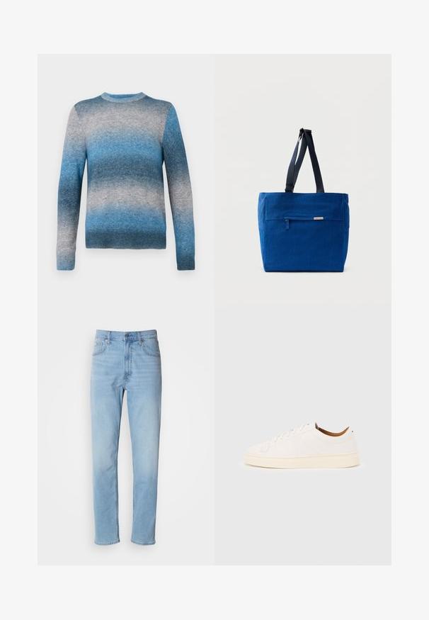 Suéter de gradiente azul hecho de material suave, con cuello redondo, mangas largas y dobladillo acanalado. Los colores varían de azul claro a azul oscuro.; Jeans de mezclilla azul claro con un corte recto, cinco bolsillos y trabillas para cinturón. La tela presenta una textura suave con un ligero efecto de desvanecimiento.; Zapatilla blanca de corte bajo con diseño de cordones, detalles mínimos de costuras y suela color crema sobre un fondo gris claro.; Bolsa de lona azul con un bolsillo frontal con cremallera, correas dobles para el hombro y forma rectangular. Cuenta con una etiqueta de marca sutil.