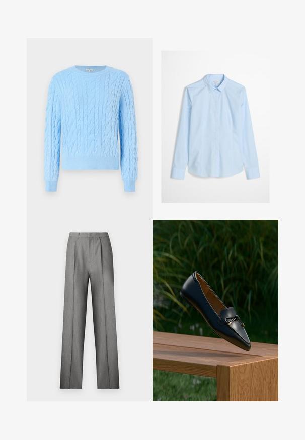 Pull en maille bleu clair avec un motif de torsades, col rond et poignets et ourlet côtelés. Texture douce et coupe décontractée.; Chemise bleu clair à manches longues, col classique, avec un logo discret brodé sur la poitrine. Tissu lisse et net.; Pantalon gris sur mesure avec un devant plissé, une coupe droite et une texture subtile. Il présente une taille avec passants pour ceinture et aucune poche visible.; Mocassin en cuir noir avec un détail en nœud flottant au-dessus d'un banc en bois, avec de l'herbe verte et des plantes en arrière-plan.